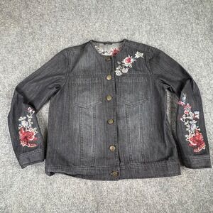 Vintage Hannah Denim Jacket Womens S Black Y2K Floral Embroidered Boho Fairy‎
